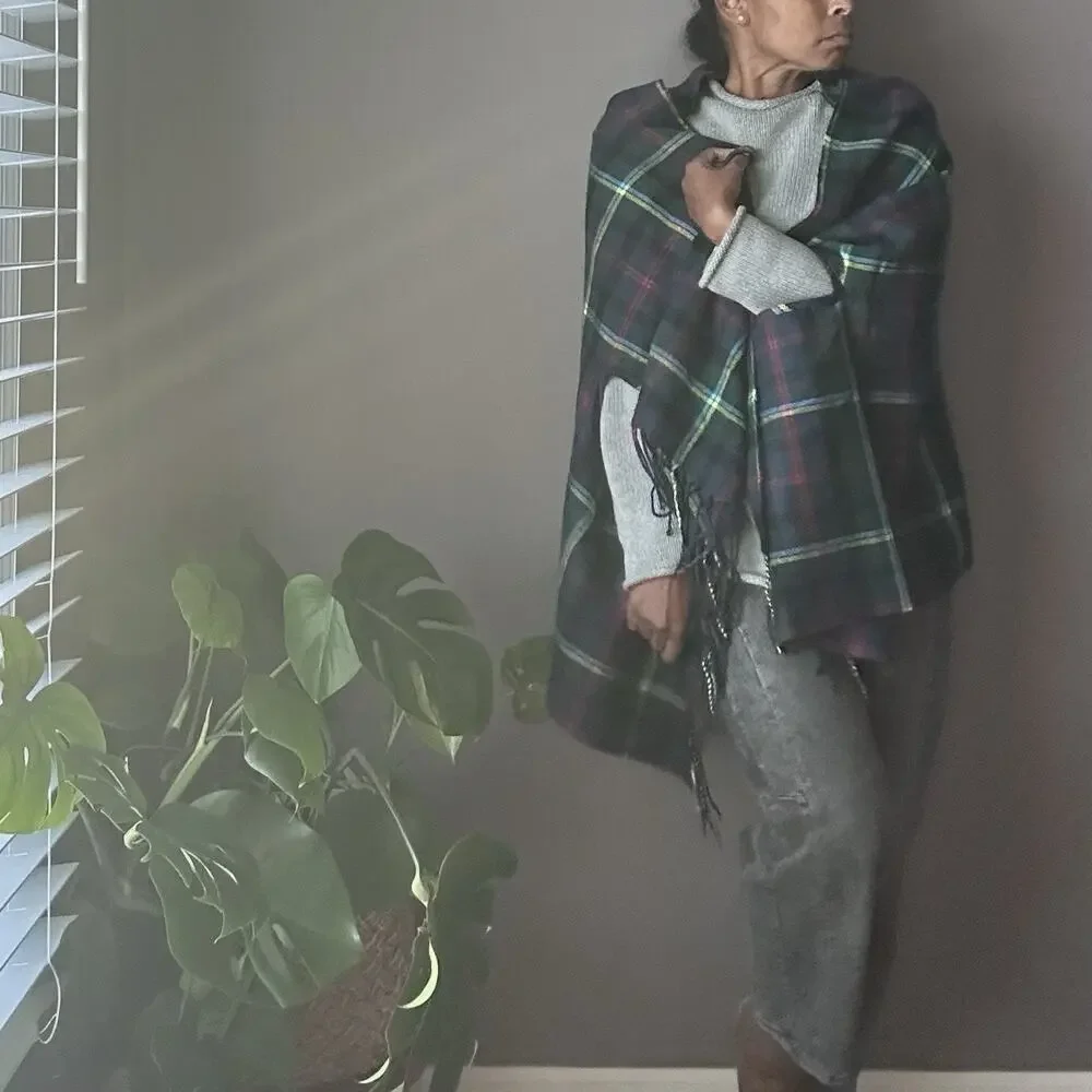 J. Crew Factory Plaid Cape Scarf Poncho Tartan Birch‎ Plaid Navy Green NWT